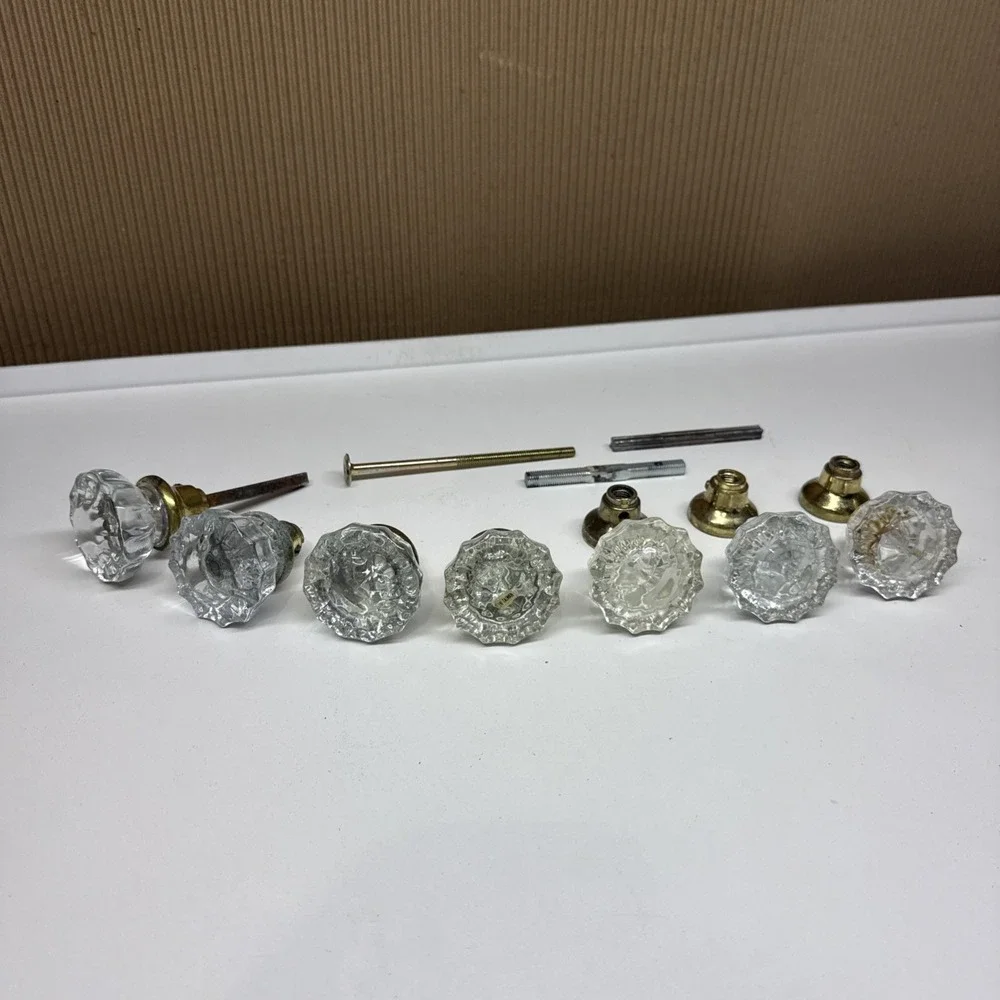 Vintage Glass Door Knob Set w/ Brass Ferrules (Barn Find, Clear Crystal Style)